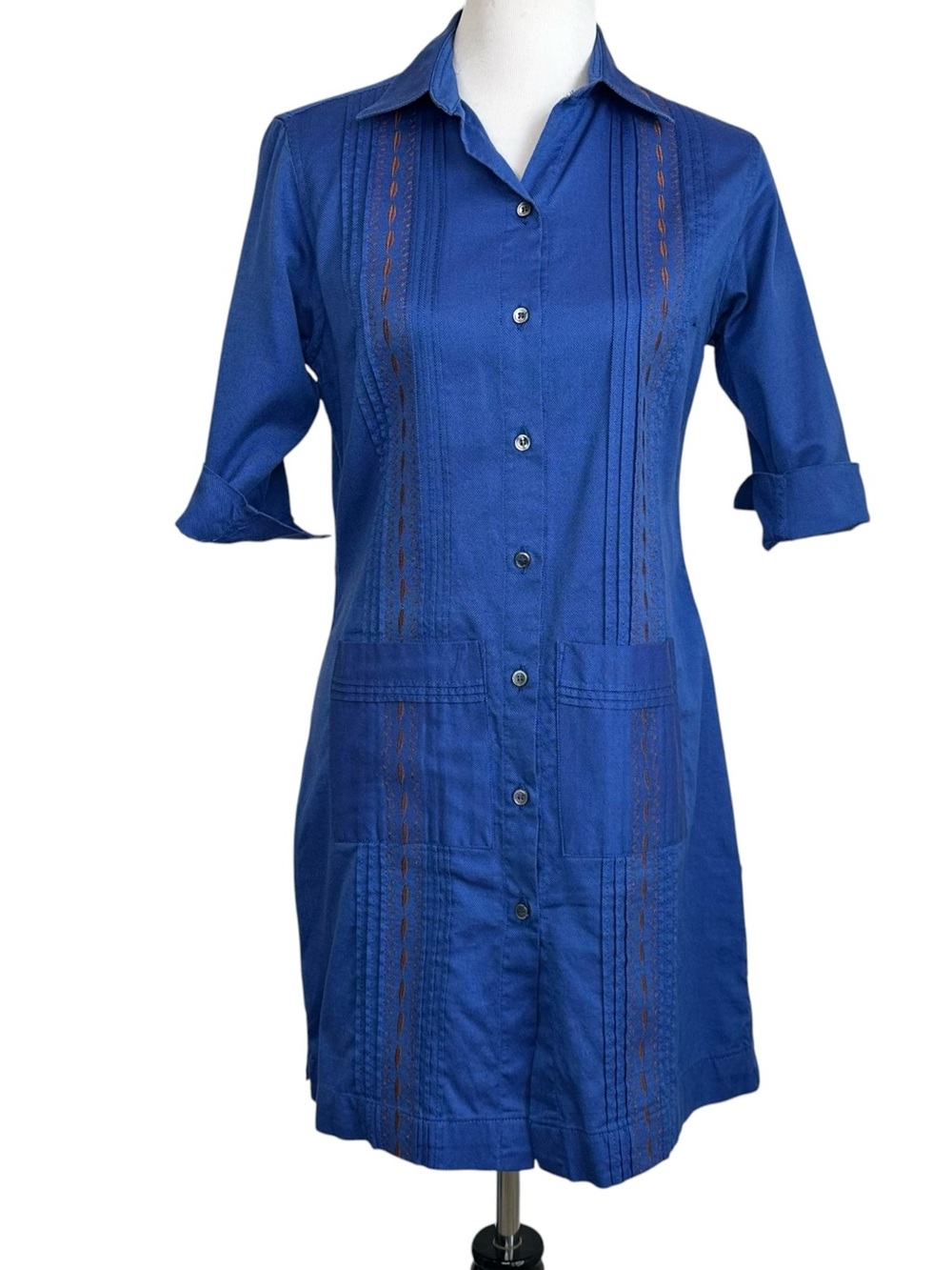 DOS CAROLINAS Womens Guayabera Shirt Dress XS/Sm? Blue 100% Cotton Short Sleeve
